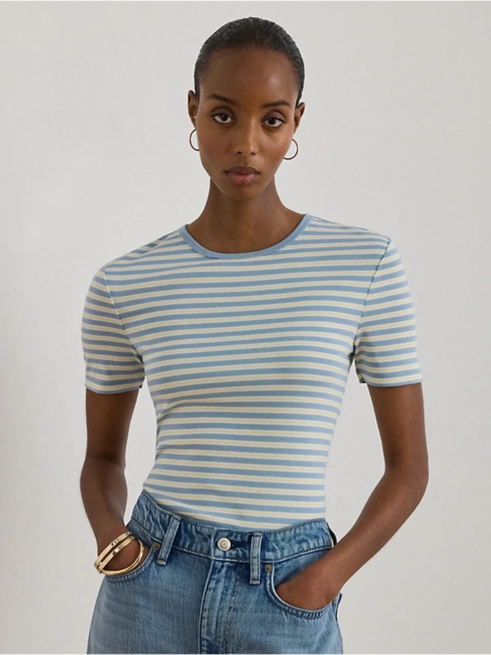 Lauren Ralph Lauren Striped Rib-Knit Stretch Cotton Tee Size S